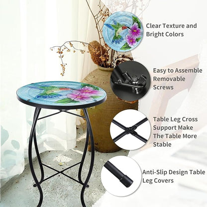 VCUTEKA Patio Side Table Outdoor Accent Table Small Mosaic Table Coffee Table End Table Porch Indoor Outdoor Round Glass Balcony Bistro Hummingbird Flowers 14 inches