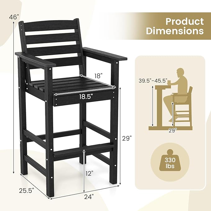 Giantex 29” Bar Stools Set of 2, HDPE Barstools w/Back, Armrests & Footrests, Max Load 330Lbs, Counter Height Bar Stools, Adirondack Chair for Patio Balcony Outdoor Bistro Set, Black