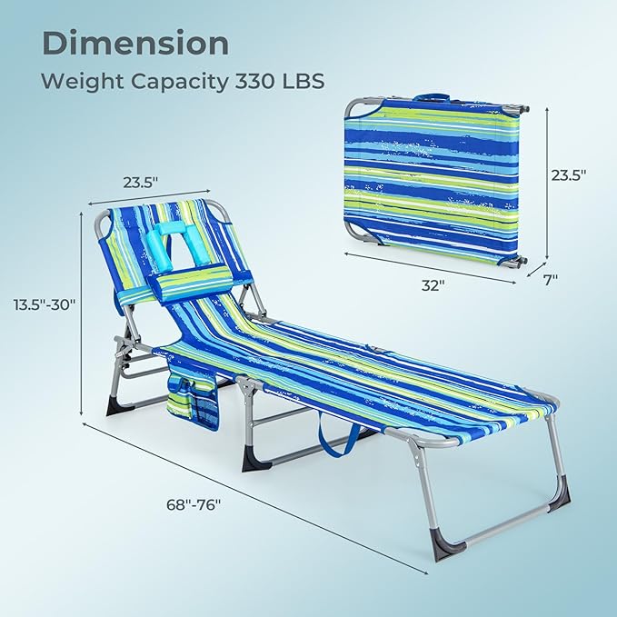 Goplus Tanning Chair, Folding Beach Lounge Chair with Face &Arm Hole, 5-Position Adjustable, Removable Pillow - Photo 2