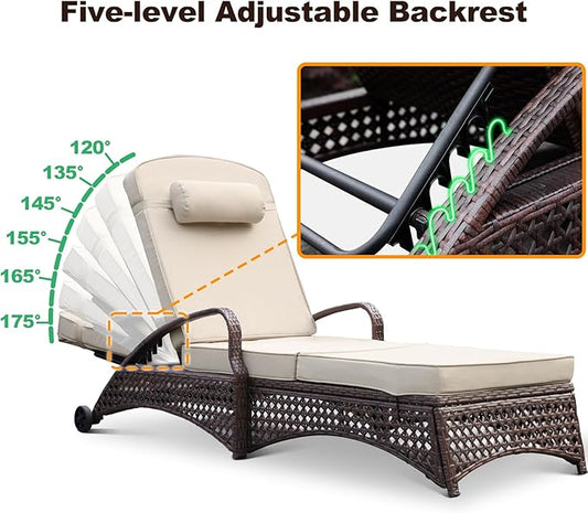 NOBLEMOOD Chaise Lounge Outdoor Wicker Lounge Chair with Wheels, Adjustable 6 Position Pool Reclining Chair with Gray Thickened Fabric Cushion & Pillow, Pack of 6