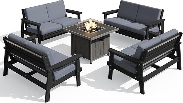 SERWALL Patio Furniture Set with 33” Fire Pit Table, HDPE Outdoor Sectional Sofa Set with Thickened Cushions - Photo 1