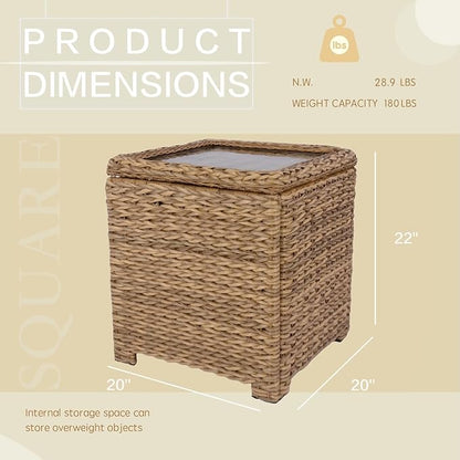 Laguna Point Outdoor Wicker Side Table, All-Weather HDPE Rattan Flip Top Storage Table with Tempered Glass, Patio Center Table for Pool Balcony, Tan