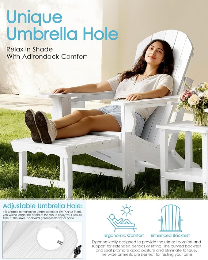 Folding Adirondack Chair with Ottoman, Recyclable HDPE Adirondack Patio Chair with 2 Cup Holder, Outdoor Fire Pit Chairs with Pull Out Footrest, Weather Resistant for Garden, Deck, Poolside, White