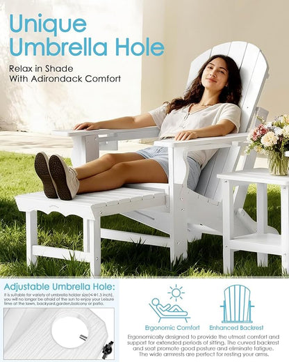 Folding Adirondack Chair with Ottoman, Recyclable HDPE Adirondack Patio Chair with 2 Cup Holder, Outdoor Fire Pit Chairs with Pull Out Footrest, Weather Resistant for Garden, Deck, Poolside, White