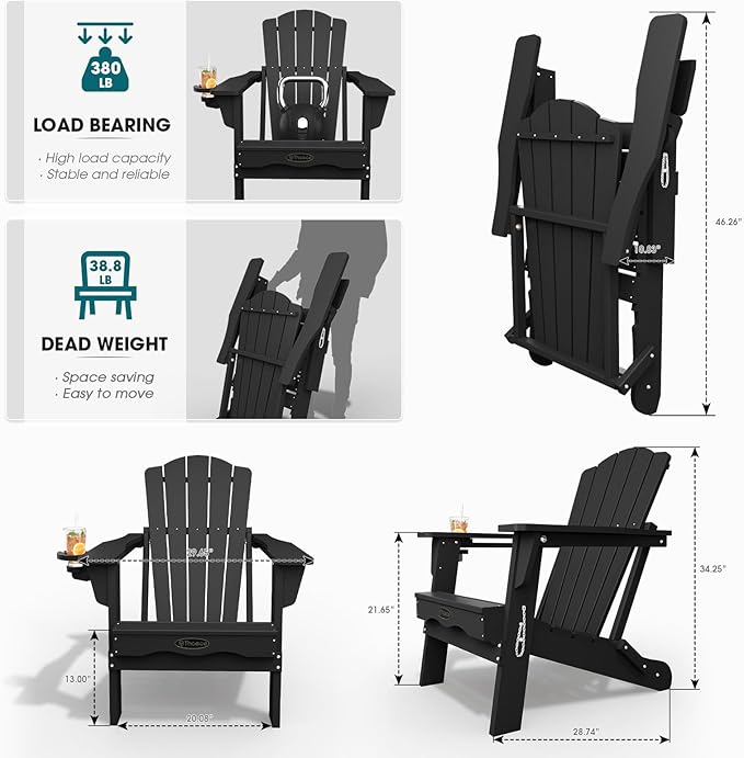 Folding Adirondack Chair Set of 2, HDPE All-Weather Outdoor Chair with Cup Holder, Wooden Textured, Fire Pit Chair - Photo 3