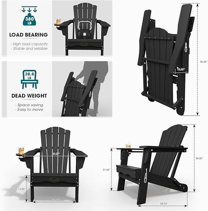 Folding Adirondack Chair Set of 8,HDPE All-Weather Outdoor Chair with Cup Holder,Wooden Textured,Fire Pit Chair,Plastic Patio Chair for Deck,Backyard,Garden,Lawn(Black)