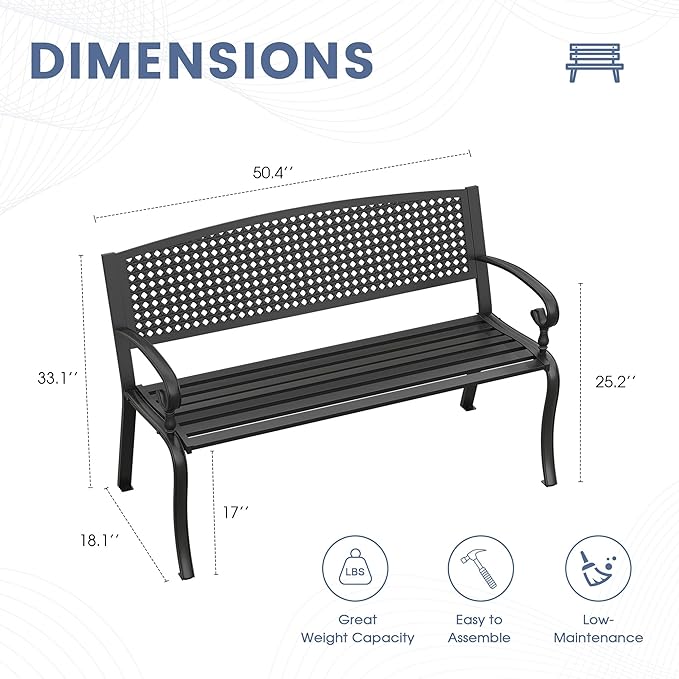 DIFY Outdoor Metal Bench with Back, Garden Bench Front Porch Bench with Curved Armrests for Park, Lawn, Yard, Black