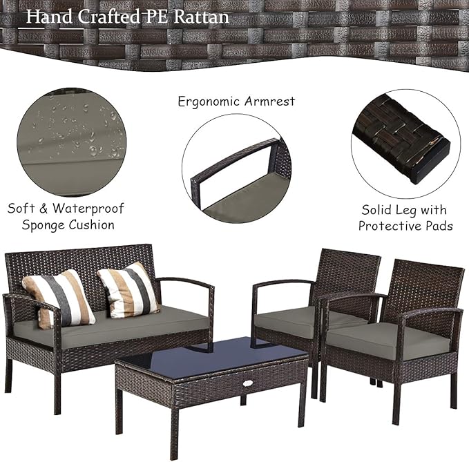 COSTWAY Outdoor Patio Furniture Set 4 Pieces, Wicker Conversation Set with Tempered Glass Topped Table, Seat Cushions, Rattan Chair Wicker Sofa for Backyard Balcony Porch Poolside