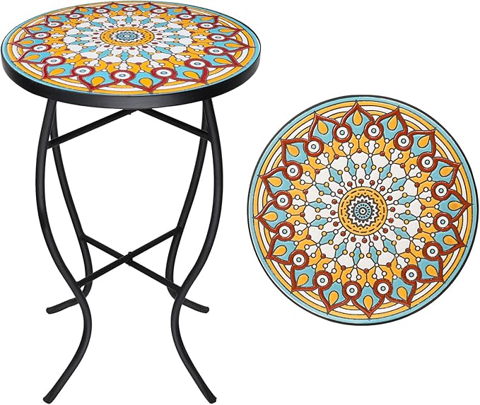 VCUTEKA Mosaic Outdoor Side Table - Small Patio Table Coffee Outside Accent Tables Round End Plant Tables for Bistro - Photo 1