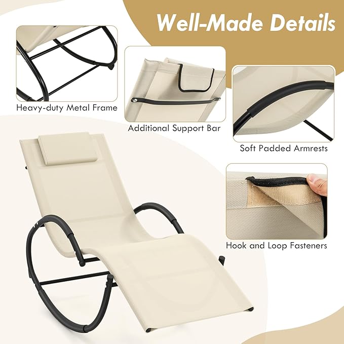 Tangkula Rocking Lounge Chair Outdoor, Zero Gravity Chaise Lounger with Removable Headrest, Fabric Backrest & Seat - Photo 5