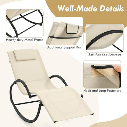 Tangkula Rocking Lounge Chair Outdoor Set of 2, Zero Gravity Chaise Lounger with Removable Headrest, Fabric Backrest & Seat, Patio Reclining Rocker for Yard, Poolside, Lawn, Garden (2, Beige)