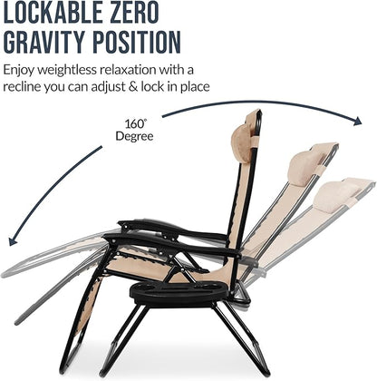 Best Choice Products Set of 2 Extra Wide Adjustable Steel Mesh Zero Gravity Lounge Chair Recliners w/Pillows and Cup Holder Trays - Sand
