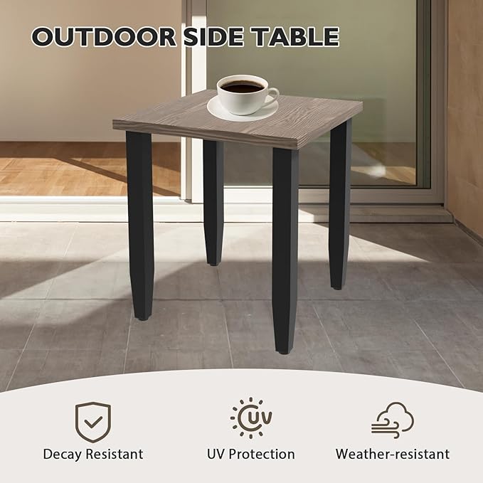EAGLE PEAK Modern Outdoor Table, Patio Table with Wood Grain Top for Deck, Porch, Balcony, Garden, Square Side Table