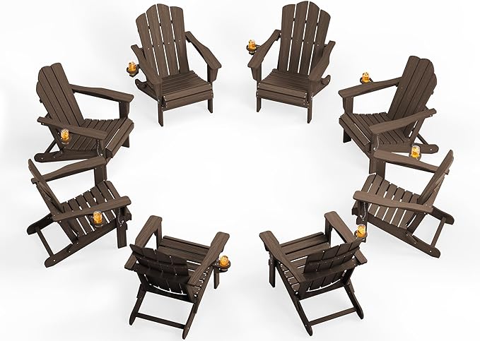 KINGYES Folding Adirondack Chair Set of 8, HDPE All-Weather Patio Chairs with Cup Holder, Wooden Textured Fire Pit Chairs for Poolside, Backyard, Deck, Coffee