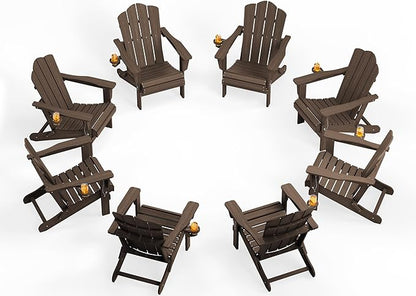 KINGYES Folding Adirondack Chair Set of 8, HDPE All-Weather Patio Chairs with Cup Holder, Wooden Textured Fire Pit Chairs for Poolside, Backyard, Deck, Coffee