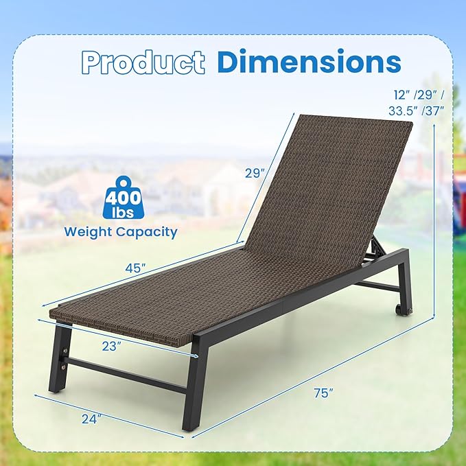 Tangkula PE Wicker Patio Chaise Lounge Chair, Outdoor 4-Position Recliner with Wheels, Outdoor Reclining Chair for Poolside, Backyard and Deck (1, Mix Brown)