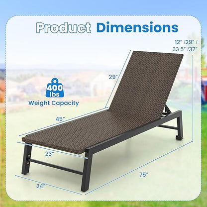 Tangkula PE Wicker Patio Chaise Lounge Chair, Outdoor 4-Position Recliner with Wheels, Outdoor Reclining Chair for Poolside, Backyard and Deck (2, Mix Brown)