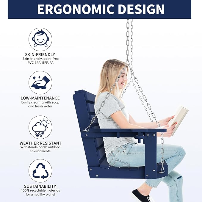 Plawdlik Porch Swings,2 Seat Patio Chair with Two Cup Holders,HDPE Waterproof Bench for Courtyard-Navy Blue