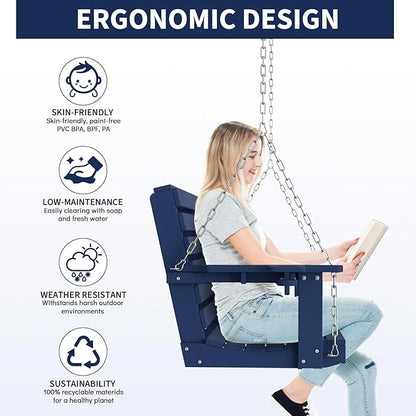 Plawdlik Porch Swings,2 Seat Patio Chair with Two Cup Holders,HDPE Waterproof Bench for Courtyard-Navy Blue