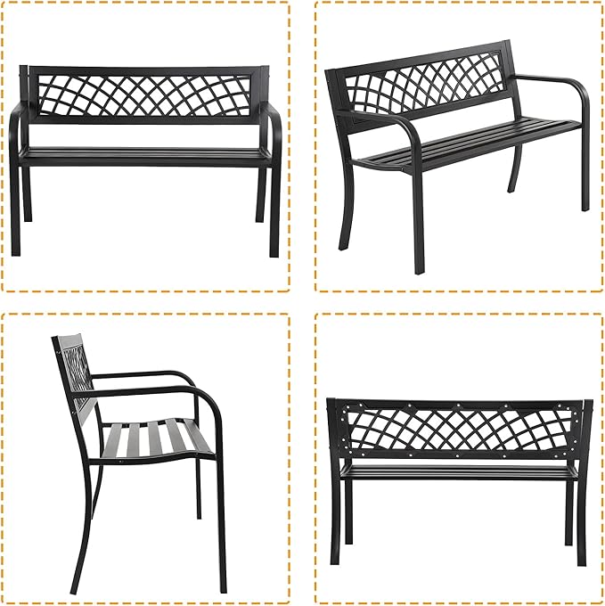 HCY Garden Bench Outdoor Metal Bench Patio Garden Bench Sturdy Steel Frame Furniture for Outdoor,Yard, Park, Porch, Entryway, Lawn,(Black), 45''x18''x30''