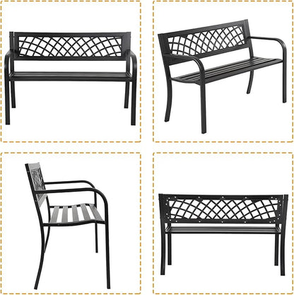 HCY Garden Bench Outdoor Metal Bench Patio Garden Bench Sturdy Steel Frame Furniture for Outdoor,Yard, Park, Porch, Entryway, Lawn,(Black), 45''x18''x30''