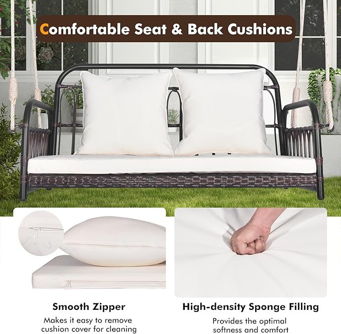 HAPPYGRILL Wicker Porch Swing, 2-Person Outdoor Patio Hanging Chair with Cushions, Metal Frame, Hanging Swing Bench with Ropes for Garden Backyard, 880 LBS Weight Capacity