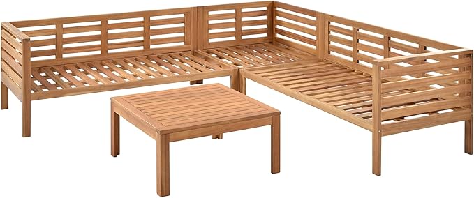 Quarte 4 Piece Outdoor Patio Conversation Furniture Set, Wood Sectional Sofa Set with Water Resistant Cushions/Coffee Table, Garden Backyard Poolside L Shape Corner Sofa Set…