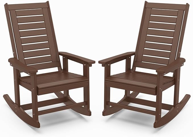 IVY&LANE Outdoor Rocking Chairs Set of 2 | Porch-Rockers | Dark Brown Wood Grain | HDPE Plastic | All-Weather | High Back | Wide Seat | Oversized Patio Rocker for Adult | for Outside Deck Balcony