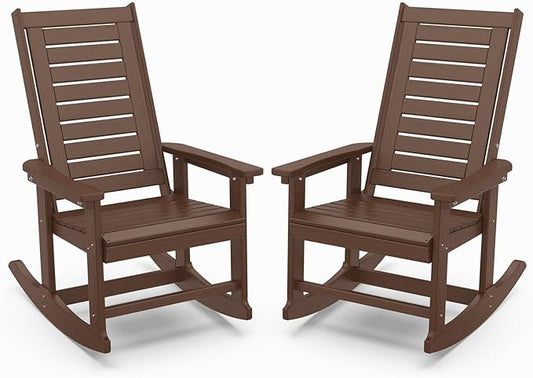 IVY&LANE Outdoor Rocking Chairs Set of 2 | Porch-Rockers | Dark Brown Wood Grain | HDPE Plastic | All-Weather | High Back | Wide Seat | Oversized Patio Rocker for Adult | for Outside Deck Balcony