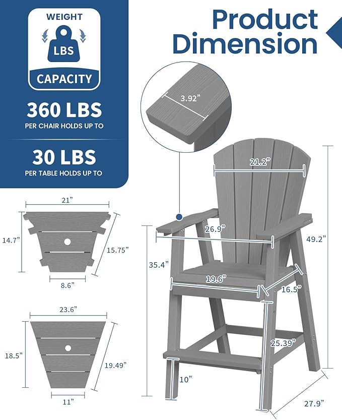 Ciokea Tall Adirondack Chairs Set of 2, HDPE Outdoor Adirondack Bar Stools with Double Connecting Tray - Photo 4