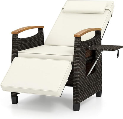 HAPPYGRILL Outdoor Rattan Wicker Chaise Lounge Recliner Chair with Adjustable Backrest & Footrest, Push Back Outside Seat w/Cushion & Flip Table for Backyard, Porch, Balcony (Off White,2)