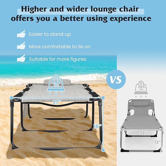 GYMAX Lounge Chair for Outside, 440lbs 27” Oversize Folding Beach Tanning Sunbath Chair with Adjustable Backrest & Removable Pillow, Lightweight Portable Patio Lounger for Lawn Poolside (1, Grey)