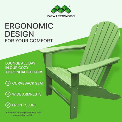 NewTechWood Atlantic Classic Curveback Plastic Weather Resistant Patio Adirondack Chair, Easy Installation, Widely Used in Outdoor, Fire Pit, Deck, Lawn, Outside, Garden Chairs (Mint)