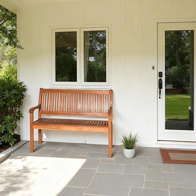 COSTWAY Wooden Bench Outdoor, Curved Armrest & Backrest, Sturdy Outdoor Wood Bench for Garden, Park & Porch - Photo 2