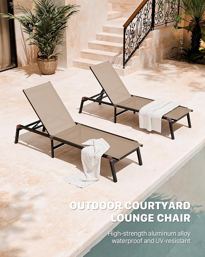 Aluminum Chaise Foldable Patio Lounge Chair Outdoor, Metal Deck Lounger Adjustable 5-Position Recliner Pool Chase Breathable Full Flat Outside Sun Tanning Chairs for Beach/Poolside/Lawn(Khaki, 2 Pack)