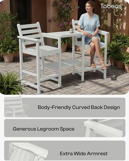 Tall Adirondack Chairs Set of 2, Bar Height HDPE Outdoor Chairs with Connecting Tray & Umbrella Hole, Balcony Patio Adirondack Chairs for Deck, Garden, Lawn (White)