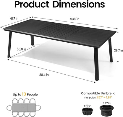94" Outdoor Dining Table for 10 Black Aluminum Long Patio Table with Umbrella Hole All Weather Rectangle Table for Lawn Backyard Garden Poolside Park