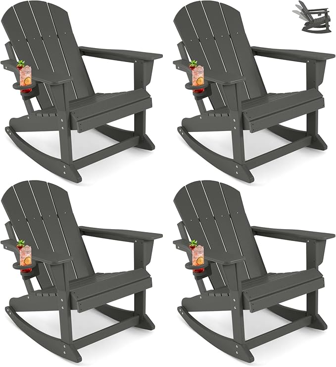 Outdoor Rocking Chair Set of 4, HDPE Poly All-Weather Patio Rocking Chairs with Cup Holder for Adults, Porch Rocker for Deck Patio Balcony, 440lbs, Dark Gray