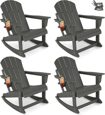 Outdoor Rocking Chair Set of 4, HDPE Poly All-Weather Patio Rocking Chairs with Cup Holder for Adults, Porch Rocker for Deck Patio Balcony, 440lbs, Dark Gray