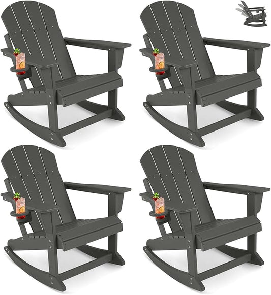 Outdoor Rocking Chair Set of 4, HDPE Poly All-Weather Patio Rocking Chairs with Cup Holder for Adults, Porch Rocker for Deck Patio Balcony, 440lbs, Dark Gray