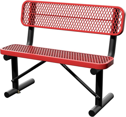 4 Feet Steel Park Bench for Outside, Outdoor Bench with Backrest & Portable Frame, Commercial Benches for Shopping Malls, Stores, Parks, Patios, Decks, Red