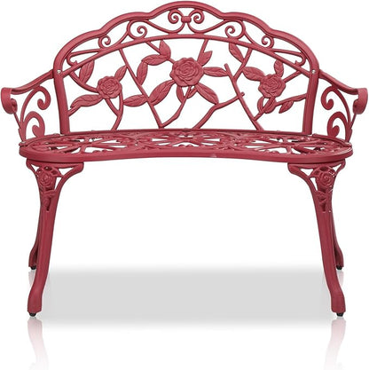 38.5" Outdoor Loveseat Bench Anti-Rust Cast Aluminum Metal Seating Furniture for Garden Patio Porch Park Deck Lawn Rose (Red)