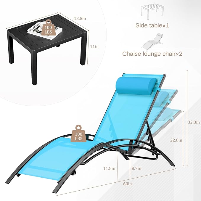 AthLike 3 pcs Poolchairs Patio Chaise Lounge Set with Headrest, 5-Level Adjustable Sunbathing Tanning Poolside Recliner Chairs with Side Table for Outdoor Beach (Blue)