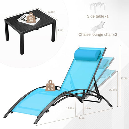 AthLike 3 pcs Poolchairs Patio Chaise Lounge Set with Headrest, 5-Level Adjustable Sunbathing Tanning Poolside Recliner Chairs with Side Table for Outdoor Beach (Blue, 4 Chairs and 2 Tables)
