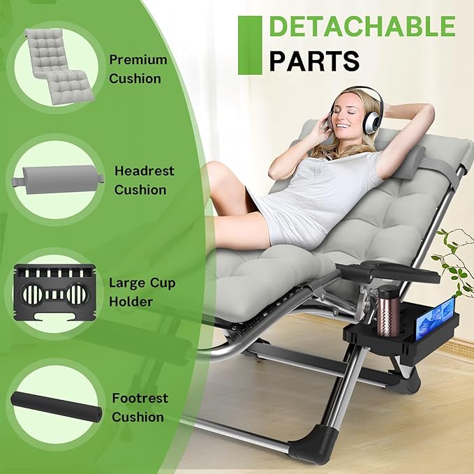 ZENPETIO 29In XL Zero Gravity Chair w/Cushion, Zero Gravity Recliner Lounge Chair for Indoor and Outdoor - Photo 4