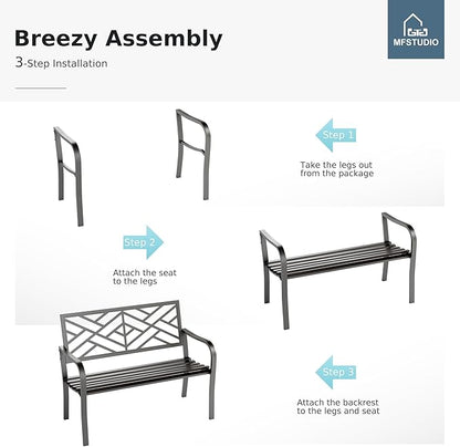 MFSTUDIO Outdoor Metal Bench Set of 2, Garden Patio 43.7 Inches Cast Iron Metal Frame Park Outside Benches with Geometric Pattern Backrest for Front Porch, Black