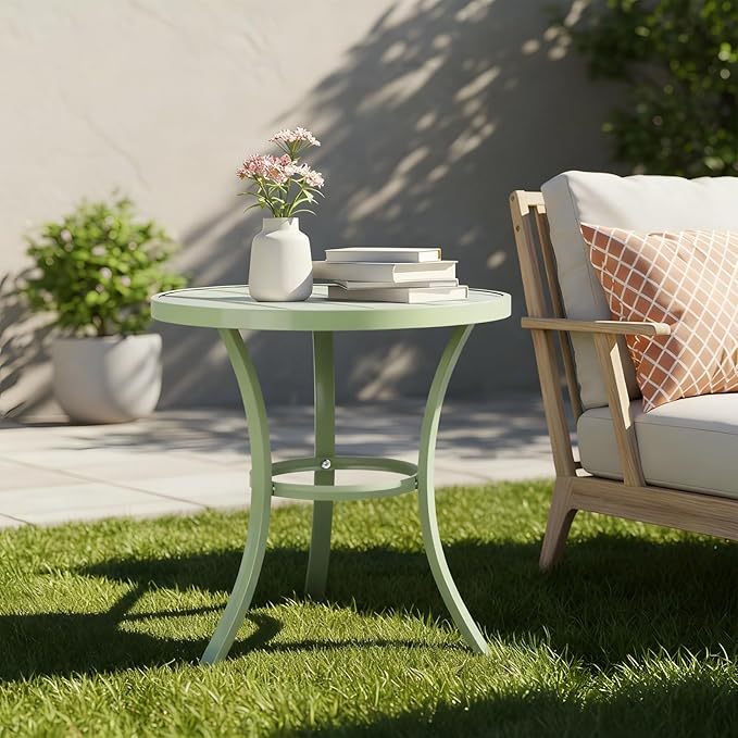 Outvita Outdoor Round Side Table, Small Metal End Table Black Coffee Table for Patio Lawn Garden Living Room Bedroom Sturdy (Single Layer, Light Yellow)