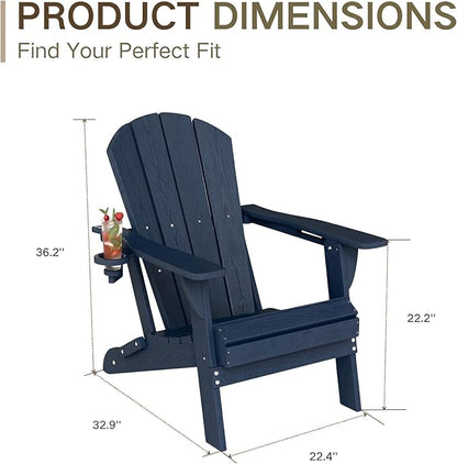 Kingdura Folding Adirondack Chairs Set of 2, Portable HDPE All Weather Resistant Outdoor Patio Chair, Wooden Textured with Cup Holder, 380LBS Capacity for Poolside, Backyard, Fire Pit (Navy Blue)