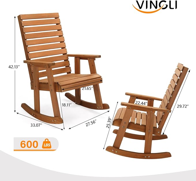 Bonnlo Outdoor Wooden Rocking Chair with High Backrest, Solid Fir Wood Rocking Chair, Heavy Duty 600 LBS Patio Rockers for Garden, Yard, Patio