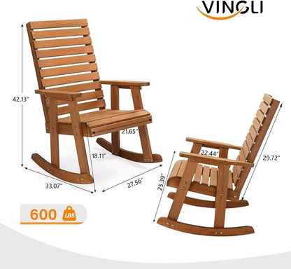 Bonnlo Outdoor Wooden Rocking Chair with High Backrest, Solid Fir Wood Rocking Chair, Heavy Duty 600 LBS Patio Rockers for Garden, Yard, Patio